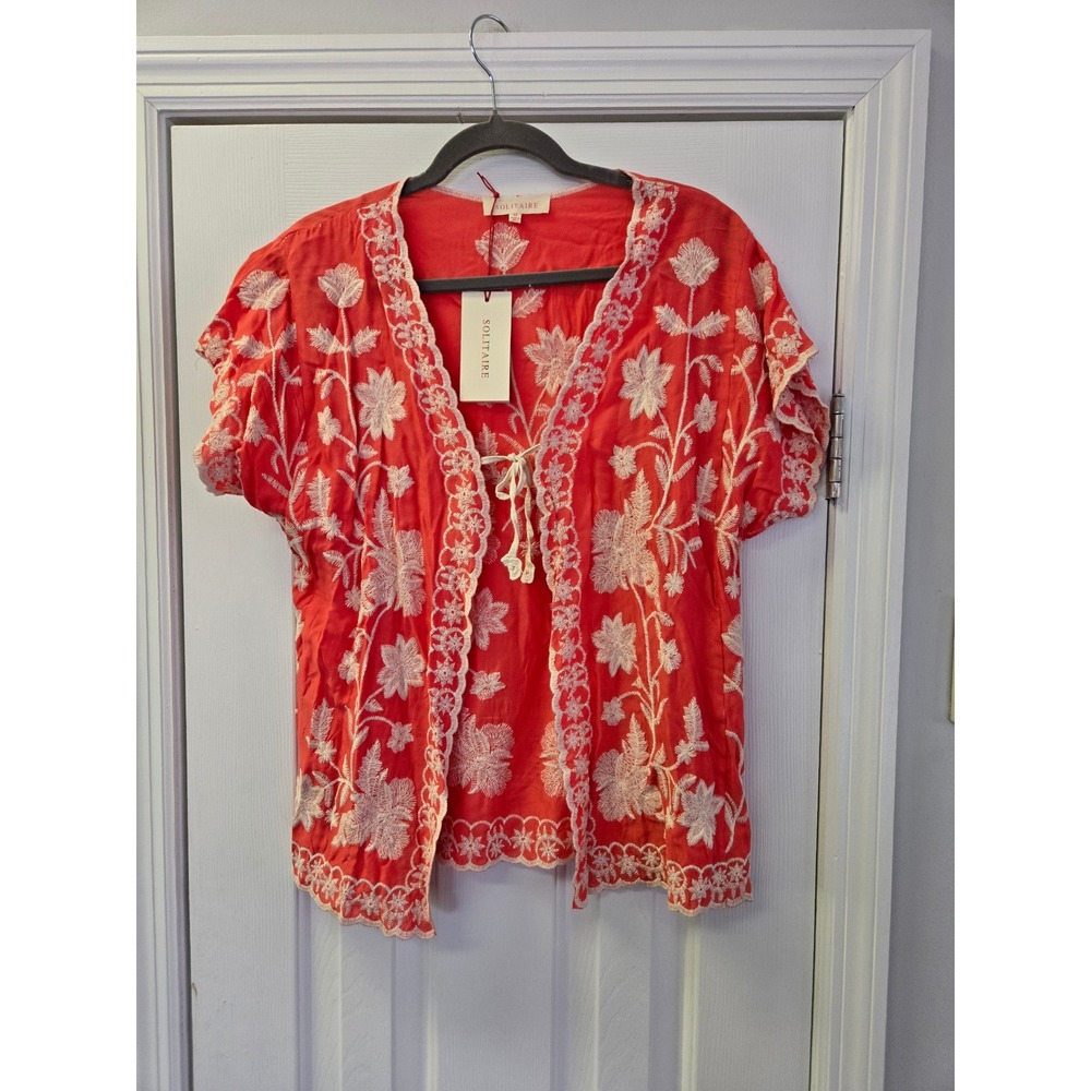 Solitaire Womens‎ Coral Red Floral Embroidered Tie Front Cardigan Top Size M NEW